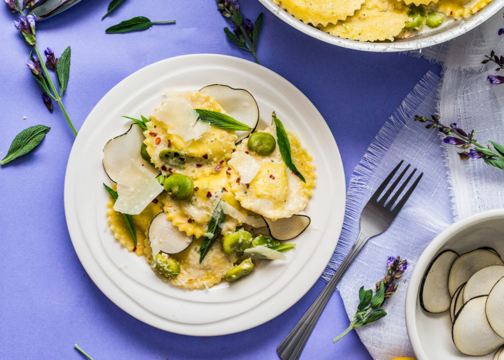 Fava Bean Ricotta Ravioli with White Wine Lemon Sauce - Rhubarb and Cod